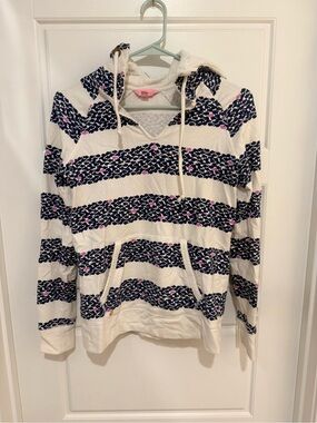Lilly Pulitzer Cream Hoodie with Navy Stripes and Pink Dots